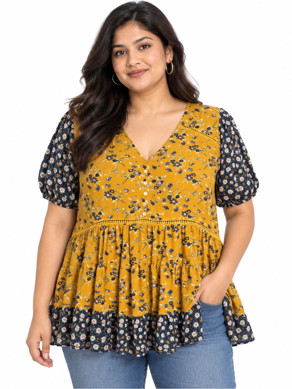 Suzanne Betro Floral Tiered Peplum Top – Women’s Plus 1X